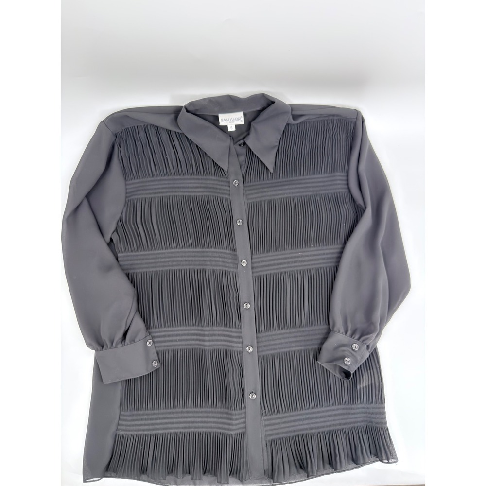San Andre Blouse Pleated Button Up 90s Vintage Women Size 8 Black